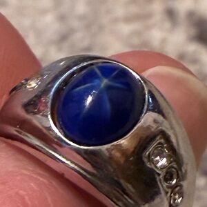 Vintage Silver Ring with Blue Star Sapphire Cabochon Unmarked  Statement Ring